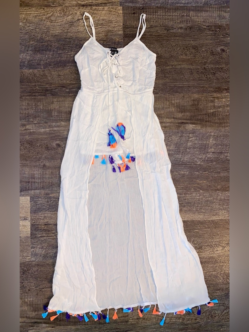 Primark White Maxi Dress with Blue and Orange Tassels
